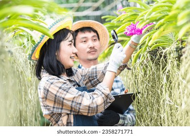 Young couple farmers checking their orchid gardening farm, woman and man check quality of orchid flower by magnifying glass together and take notes in garden greenhouse, Agricultural concepts - Powered by Shutterstock