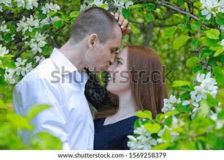 Young couple in fruit orchard apple garden with blossom branches walking together and have a date.