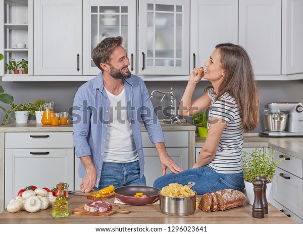 Young Couple Having Fun Kitchen Stock Photo Edit Now 1296023641