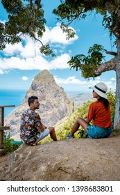 Young Couple Hiking In The Mountains Of Saint Lucia Caribbean, 