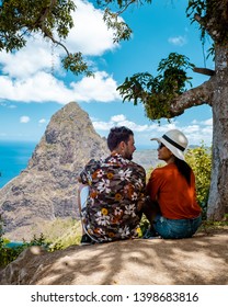 Young Couple Hiking In The Mountains Of Saint Lucia Caribbean, 