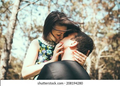 Young Couple Kissing Outdoor In Summer Sun Light. Kiss Love Date Color Evening Teen. 