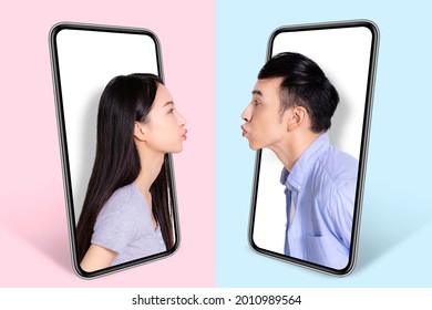Young couple kissing from the screen of their smartphones.