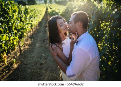 Young Couple Kissing In A Vineyard.