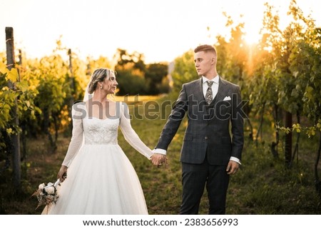 young couple in love holding each other, bride and groom during wedding photoshoot, shot of newlyweds in the middle of a sun-covered field, beautiful bride and stylish groom, love is here,models