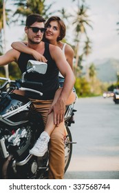 Young Couple In Love, Riding A Motorcycle, Hugs, Passion, Free Spirit, Vintage, Hipster, Romantic, Tropic Vacation, Honey Moon, Cool Outfit, Modern Style, Rock, Sexy Denim, Sunglasses, True Run Away