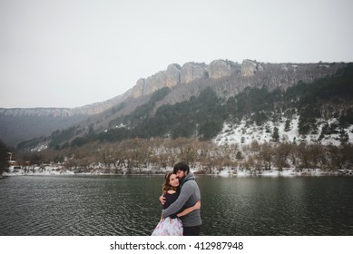 A Young Couple In Love Winter Wedding At The Lake