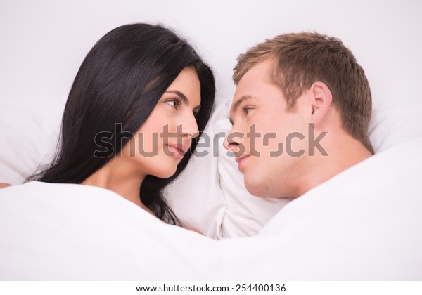 Young Couple Lying White Bed Early Stock Photo Edit Now 254400136