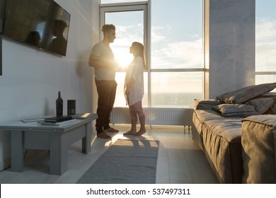 Young Couple Modern Apartment Big Panoramic Window Sea View, Mix Race Man And Woman Morning Bedroom Home Interior