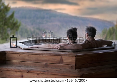 The young couple in an open-air bath with a view of the mountains.