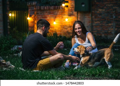 Young Couple Playing With Dog In Home Backyard