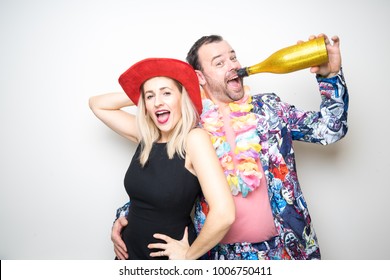 Young Couple Posing Photo Studio Shoot Booth Props Happy Celebration Party Wedding