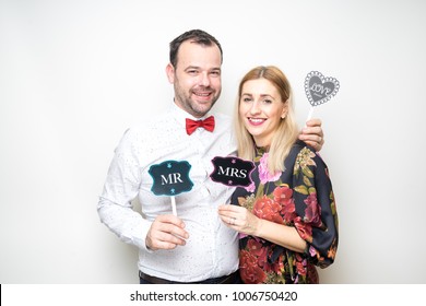 Young Couple Posing Photo Studio Shoot Booth Props Happy Celebration Party Wedding