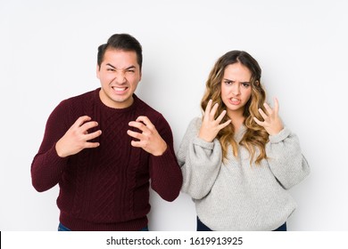 Young Couple Posing In A White Background Upset Screaming With Tense Hands.