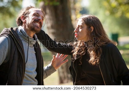 Similar – Image, Stock Photo happy twin sisters stand on a bridge and look up