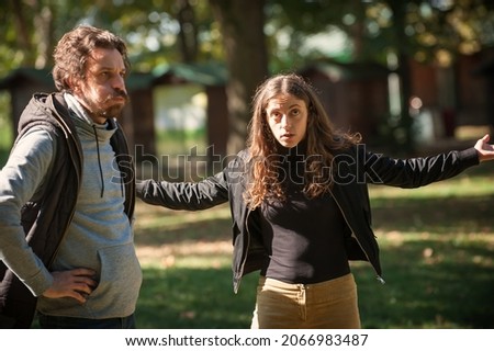 Similar – Image, Stock Photo happy twin sisters stand on a bridge and look up