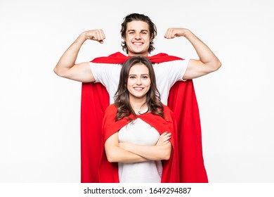 Young Couple In Red Hero Look Showing Arm Muscle Isolated On White Background