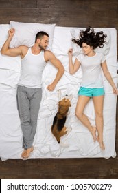 Young Couple Relaxation On The Bed Top View With A Dog Dreaming