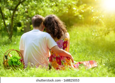 Young Couple Sitting Back To Camera On Picnic Blanket