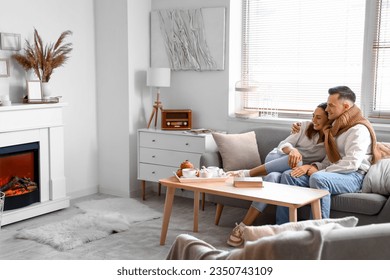 Young couple sitting on sofa near fireplace at home - Powered by Shutterstock