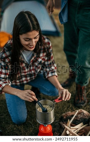 Similar – Image, Stock Photo Woman taking photo to friend in breakfast