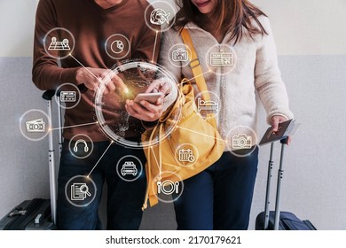 Young couple traveler with baggage and backpack using smartphone for finding information and planning trips at the airport, Travel planning concept with icons and diagram