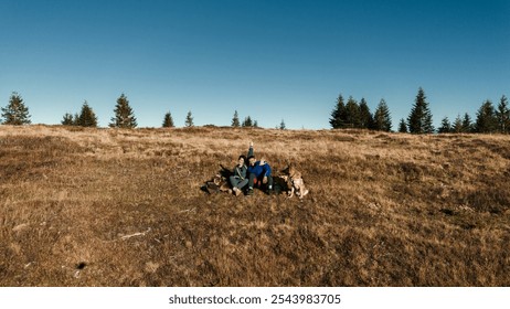 A young couple travels in the mountains with two dogs. A man, a young woman and their Australian and German Shepherd sit in a clearing in the Komovi Mountains, Montenegro. Aerial view - Powered by Shutterstock