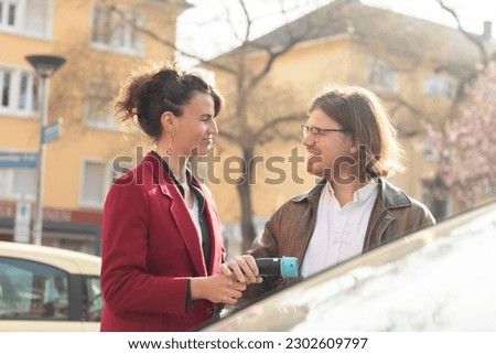 Image, Stock Photo Twin sisters look around in an alleyway