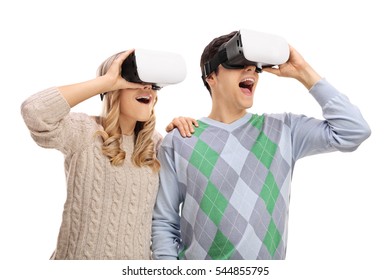 Young Couple Using VR Headsets Isolated On White Background