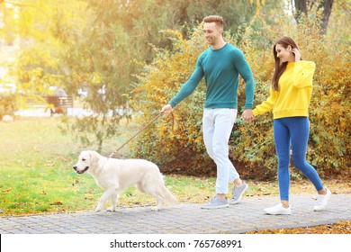 Young Couple Walking Their Dog In Park