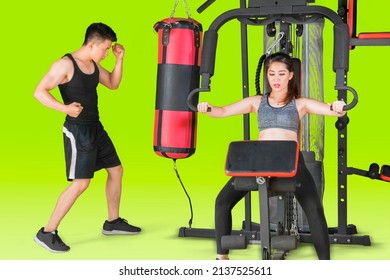 Young couple wearing sportswear while exercising together with gym equipments in the studio with green screen background - Powered by Shutterstock