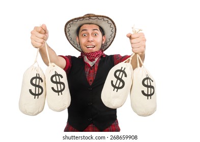 Young Cowboy With Money Bags Isolated On White