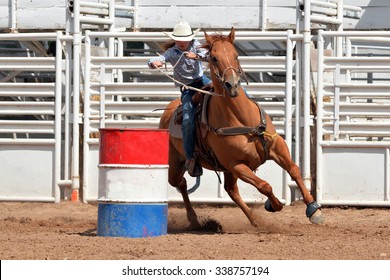 Young cowgirl riding a horse around a barrel in a rodeo.