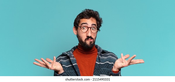 Young Crazy Bearded Man Confused Expression