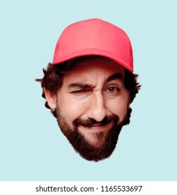 Young Crazy Bearded Man Cutout Head Expression Isolated. Delivery Courier Role