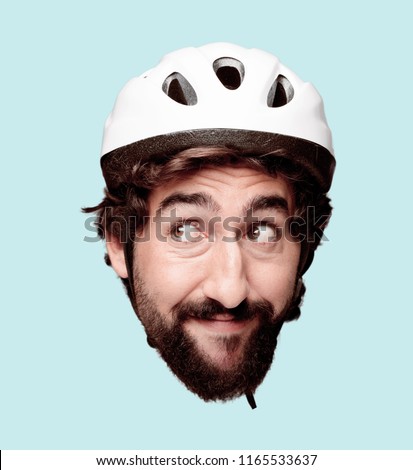 young crazy bearded man cutout head expression isolated. cyclist role. thinking concept