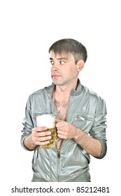 young and crazy guy is drinking beer from a large  mug, isolated over white