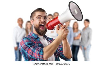 Young crazy mad man with a megaphone. - Shutterstock ID 1609643035