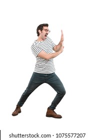 Young Crazy Man Pushing Or Holding Sign.full Body Cutout Person Against White Background