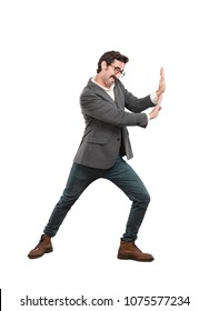 Young Crazy Man Pushing Or Holding Sign.full Body Cutout Person Against White Background