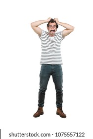 Young Crazy Man Scared Expression.full Body Cutout Person Against White Background