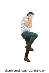 Young Crazy Man Scared Expression.full Body Cutout Person Against White Background