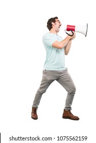 Young Crazy Man Shouting With A Megaphone.full Body Cutout Person Against White Background