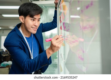 Young Creative Businessman Holding A Marker And Writing Plan And Share Idea On Glass Wall With Sticky Note, Brainstorming And Discussing And Formulating, Business Strategies In Tech Startup Office.