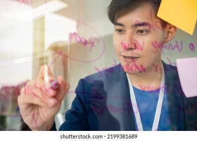 Young Creative Businessman Holding A Marker And Writing Plan And Share Idea On Glass Wall With Sticky Note, Brainstorming And Discussing And Formulating, Business Strategies In Tech Startup Office.