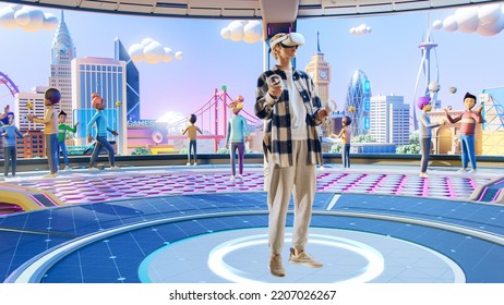 Young Creative Female Wearing a Virtual Reality Headset at Home. Woman Enters Digital Internet 3D Universe with Avatars of Other People. Next Generation Social Media Online Metaverse Platform. - Shutterstock ID 2207026267