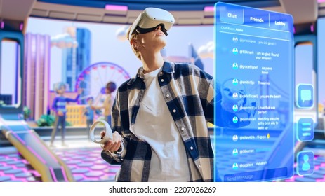 Young Creative Female Wearing a Virtual Reality Headset at Home. Woman Enters Digital Internet 3D Universe And Scrolls Chats with Friends. Next Generation Social Media Online Metaverse Platform. - Shutterstock ID 2207026269