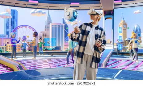 Young Creative Female Wearing a Virtual Reality Headset at Home. She Enters Digital Internet 3D Universe with Avatars. Next Generation Immersive Social Media Online Metaverse Entertainment Platform. - Shutterstock ID 2207026271