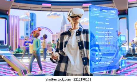 Young Creative Female Wearing a Virtual Reality Headset at Home. Woman Enters Digital Internet 3D Universe with Avatars. Next Generation Immersive Social Media Online Metaverse Platform. - Shutterstock ID 2212198161