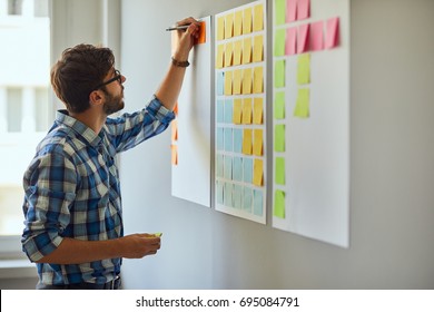 Young Creative Man Writing Down Ideas On Wall Full Of Sticky Notes